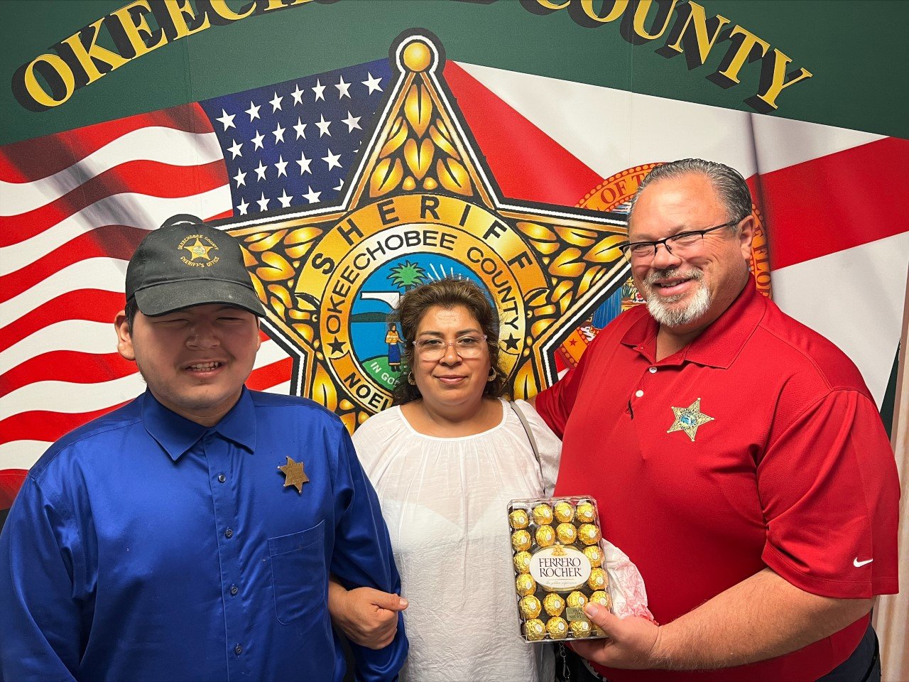 Our newest addition at OCSO Jr. Deputy Angel (with mom in tow), and Sheriff Noel E. Stephen stopped for a quick picture.

Angel has his badge and cuffs and is ready to serve and protect. Angel shows that he is willing to make a difference even with him being visually impaired.